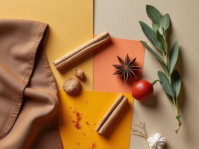 Moodboard av urter, krydder, stoffer og trematerialer